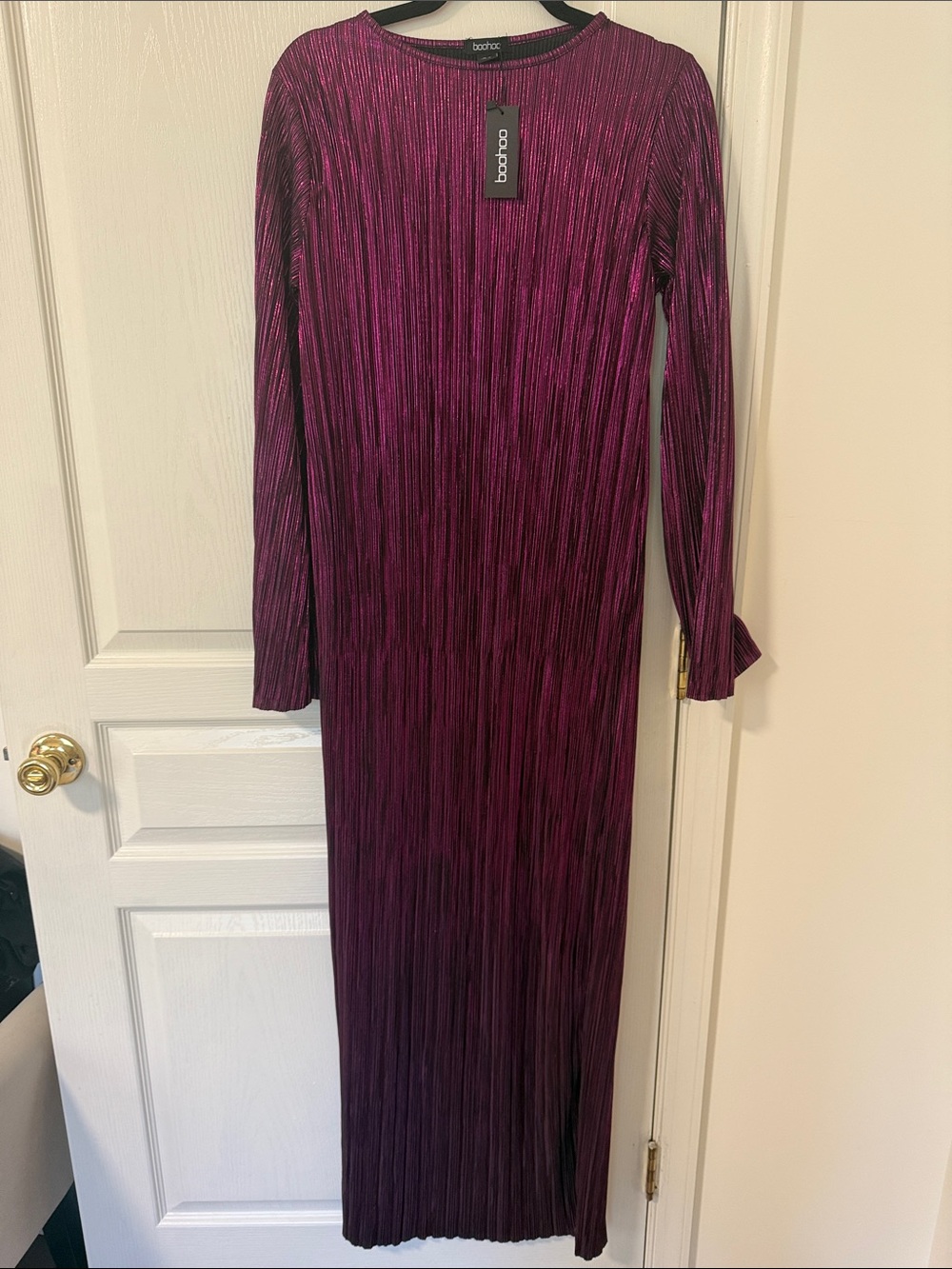 Boohoo Metallic Plum Long Sleeve Pleated Maxi Dress